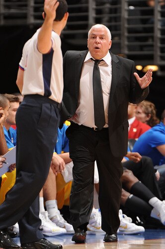LOS ANGELES - OCTOBER 20:  Head Coach Pinhas Gershon of Maccabi Electra Tel Aviv speaks to an official during a game against the Los Angeles Clippers at Staples Center on October 20, 2009 in Los Angeles, California. <br /><br /><span class="help">(Photo by Andrew D. Bernstein/NBAE via Getty Images)</span>