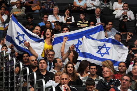 LOS ANGELES - OCTOBER 20:  Fans hold up Israeli flags during a game between Maccabi Electra Tel Aviv and the Los Angeles Clippers at Staples Center on October 20, 2009 in Los Angeles, California. <br /><br /><span class="help">(Photo by Noah Graham/NBAE via Getty Images)</span>