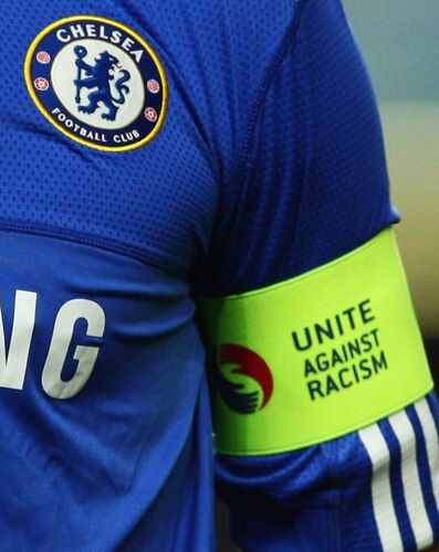 LONDON - OCTOBER 21:  A detailed view of the Chelsea badge and 'Unite Against Racism' captain's armband worn by John Terry prior to the UEFA Champions League Group D match between Chelsea and Atletico Madrid at Stamford Bridge on October 21, 2009 in London, England.  <br /><br /><span class="help">(Photo by Richard Heathcote/Getty Images)</span>