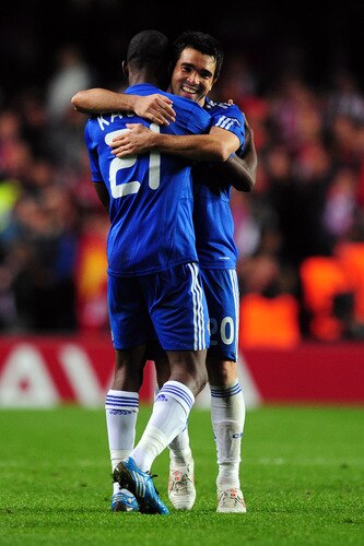 LONDON, ENGLAND - OCTOBER 21:  Salomon Kalou of Chelsea celebrates with his team mate Deco of Chelsea after Kalou scored the second goal during the UEFA Champions League Group D match between Chelsea and Atletico Madrid at Stamford Bridge on October 21, 2009 in London, England.  <br /><br /><span class="help">(Photo by Mike Hewitt/Getty Images)</span>