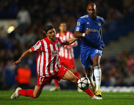 LONDON - OCTOBER 21:  Nicolas Anelka of Chelsea evades Tomas Ujfalusi of Atletico Madrid during the UEFA Champions League Group D match between Chelsea and Atletico Madrid at Stamford Bridge on October 21, 2009 in London, England.  <br /><br /><span class="help">(Photo by Richard Heathcote/Getty Images)</span>