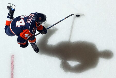 UNIONDALE, NY - OCTOBER 21:  Freddy Meyer #44 of the New York Islanders warms up before playing against the Carolina Hurricanes on October 21, 2009 at Nassau Coliseum in Uniondale, New York.  <br /><br /><span class="help">(Photo by Jim McIsaac/Getty Images)</span>