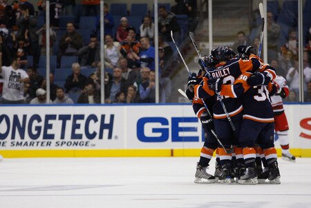 UNIONDALE, NY- OCTOBER 21: Members of the New York Islanders celebrate after a goal by Tim Jackman #28 against the Carolina Hurricanes during the game on October 21, 2009 at  in Uniondale, NY.  <br /><br /><span class="help">(Photo by Jared Wickerham/Getty Images)</span>