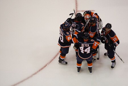 UNIONDALE, NY- OCTOBER 21: Members of the New York Islanders celebrate after John Tavares #91 scores the game winning goal during the shootout against the Carolina Hurricanes during the game on October 21, 2009 at  in Uniondale, NY.  <br /><br /><span class="help">(Photo by Jared Wickerham/Getty Images)</span>