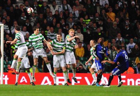 GLASGOW, SCOTLAND - OCTOBER 22:  Dennis Aogo of Hamburg SV puts a free kick over the Celtic wall and just over the bar during the UEFA Europa League Group C match between Celtic and Hamburg SV at Celtic Park on October 22, 2009 in Glasgow, Scotland.  <br /><br /><span class="help">(Photo by Mike Hewitt/Bongarts/Getty Images)</span>