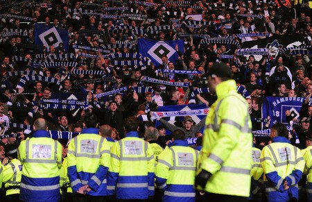 GLASGOW, SCOTLAND - OCTOBER 22:  Hamburg fans are penned in by stewards after the UEFA Europa League Group C match between Celtic and Hamburg SV at Celtic Park on October 22, 2009 in Glasgow, Scotland.  <br /><br /><span class="help">(Photo by Mike Hewitt/Bongarts/Getty Images)</span>