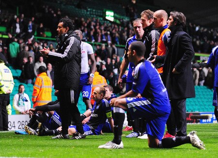 GLASGOW, SCOTLAND - OCTOBER 22:  Hamburg captain David Jarolim (centre) and team mates sit down in protest at the Celtic stewards who prevented the visiting players from approaching their own supporters after the UEFA Europa League Group C match between Celtic and Hamburg SV at Celtic Park on October 22, 2009 in Glasgow, Scotland.  <br /><br /><span class="help">(Photo by Mike Hewitt/Bongarts/Getty Images)</span>