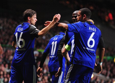 GLASGOW, SCOTLAND - OCTOBER 22:  Marcus Berg of Hamburg SV is congratulated by team mates Guy Demel and Dennis Aogo after scoring his team's first goal during the UEFA Europa League Group C match between Celtic and Hamburg SV at Celtic Park on October 22, 2009 in Glasgow, Scotland.  <br /><br /><span class="help">(Photo by Mike Hewitt/Bongarts/Getty Images)</span>
