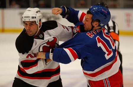 NEW YORK - OCTOBER 22: Mike Mottau #27 of the New Jersey Devils and Sean Avery #16 fight in the first period during the game on October 22, 2009 at Madison Square Garden in New York City. <br /><br /><span class="help">(Photo by Jared Wickerham/Getty Images)</span>