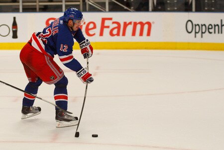 NEW YORK - OCTOBER 22: Ales Kotalik #12 of the New York Rangers scores on Martin Brodeur #30 of the New Jersey Devils during the game on October 22, 2009 at Madison Square Garden in New York City. <br /><br /><span class="help">(Photo by Jared Wickerham/Getty Images)</span>
