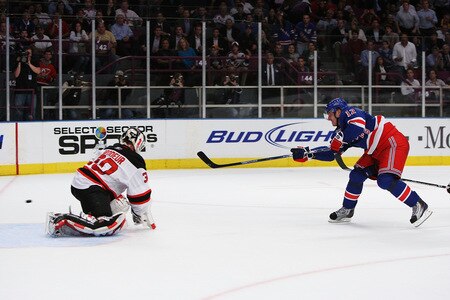 NEW YORK, NY - OCTOBER 22:  Ales Kotalik #12 of the New York Rangers scores a goal against Martin Brodeur #30 of the New Jersey Devils during their game on October 22, 2009 at Madison Square Garden in New York City, New York.  <br /><br /><span class="help">(Photo by Al Bello/Getty Images)</span>