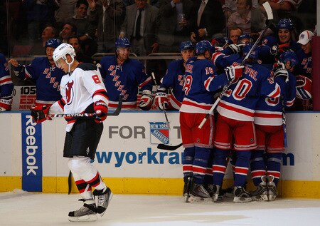 NEW YORK - OCTOBER 22: Members of the New York Rangers celebrate after Ales Kotalik #12 scored against the New Jersey Devils in the second period during the game on October 22, 2009 at Madison Square Garden in New York City. <br /><br /><span class="help">(Photo by Jared Wickerham/Getty Images)</span>