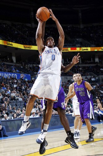 OKLAHOMA CITY - OCTOBER 22:  Russell Westbrook #0 of the Oklahoma City Thunder shoots a jump shot during a game against the Sacremento Kings on October 22, 2009 at the Ford Center in Oklahoma City, Oklahoma. <br /><br /><span class="help">(Photo by Layne Murdoch/NBAE via Getty Images)</span>