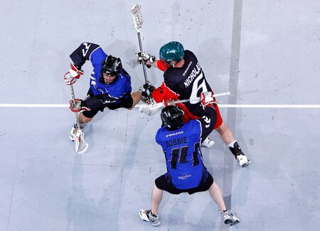 MELBOURNE, AUSTRALIA - OCTOBER 23:  Jeff Shattler of West is tackled by Darren Nicholas of East during the National Lacrosse League All Star Series at Hisense Arena on October 23, 2009 in Melbourne, Australia.  <br /><br /><span class="help">(Photo by Quinn Rooney/Getty Images)</span>