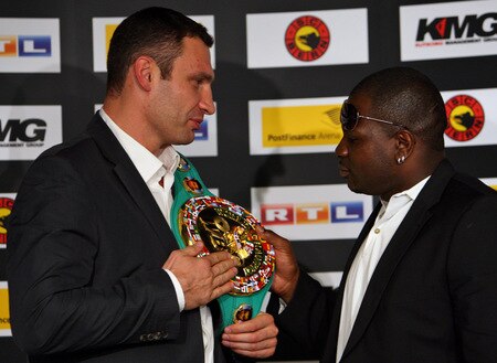 BERN, SWITZERLAND - OCTOBER 23:  Vitali Klitschko (L) and Kevin Johnson pose for the media during a press conference at the Post Finance Arena on October 23, 2009 in Bern, Switzerland. The WBC Heavyweight Championship fight between Vitali Klitschko of Ukraine and Kevin Johnson of the United States will take place at the Finance Arena on December 12, 2009 in Bern, Switzerland.  <br /><br /><span class="help">(Photo by Miguel Villagran/Bongarts/Getty Images)</span>