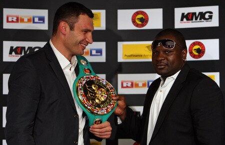 BERN, SWITZERLAND - OCTOBER 23:  Vitali Klitschko (L) and Kevin Johnson pose for the media during a press conference at the Post Finance Arena on October 23, 2009 in Bern, Switzerland. The WBC Heavyweight Championship fight between Vitali Klitschko of Ukraine and Kevin Johnson of the United States will take place at the Finance Arena on December 12, 2009 in Bern, Switzerland.  <br /><br /><span class="help">(Photo by Miguel Villagran/Bongarts/Getty Images)</span>