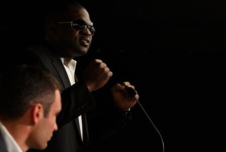 BERN, SWITZERLAND - OCTOBER 23:  Vitali Klitschko (L)  listens as Kevin Johnson addresses the media during a  press conference at the Post Finance Arena on October 23, 2009 in Bern, Switzerland. The WBC Heavyweight Championship fight between Vitali Klitschko of Ukraine and Kevin Johnson of the United States will take place at the Finance Arena on December 12, 2009 in Bern, Switzerland.  <br /><br /><span class="help">(Photo by Miguel Villagran/Bongarts/Getty Images)</span>