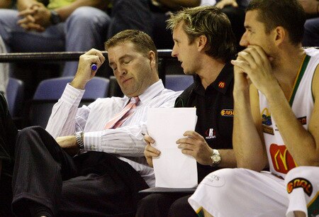 WOLLONGONG, AUSTRALIA - OCTOBER 24: Townsville coach Trevor Gleeson reacts after the Hawks score during the round five NBL match between the Wollongong Hawks and the Townsville Crocodiles at Wollongong Entertainment Centre on October 24, 2009 in Wollongong, Australia.  <br /><br /><span class="help">(Photo by Mark Nolan/Getty Images)</span>