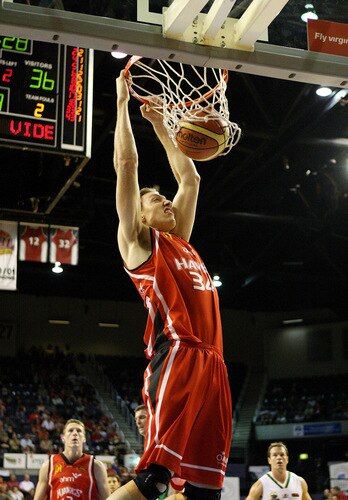 WOLLONGONG, AUSTRALIA - OCTOBER 24: Tim Behrendorff of the Hawks slam dunks during the round five NBL match between the Wollongong Hawks and the Townsville Crocodiles at Wollongong Entertainment Centre on October 24, 2009 in Wollongong, Australia.  <br /><br /><span class="help">(Photo by Mark Nolan/Getty Images)</span>