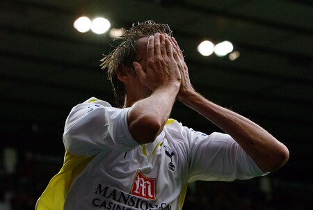 LONDON, ENGLAND - OCTOBER 24:  Peter Crouch of Tottenham Hotspur reacts after coming close to scoring during the Barclays Premier League match between Tottenham Hotspur and Stoke City at White Hart Lane on October 24, 2009 in London, England.  <br /><br /><span class="help">(Photo by Clive Rose/Getty Images)</span>