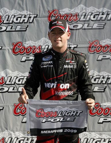MEMPHIS, TN - OCTOBER 24:  Justin Allgaier, driver of the #12 Verizon Wireless Dodge poses for pictures after winning the pole position and the Coors Light Pole award for the NASCAR Nationwide series Kroger 'On Track For Cure' 250 race at the Memphis Motorsports Park on October 24, 2009 in Memphis, Tennessee.  <br /><br /><span class="help">(Photo by John Sommers II/Getty Images)</span>
