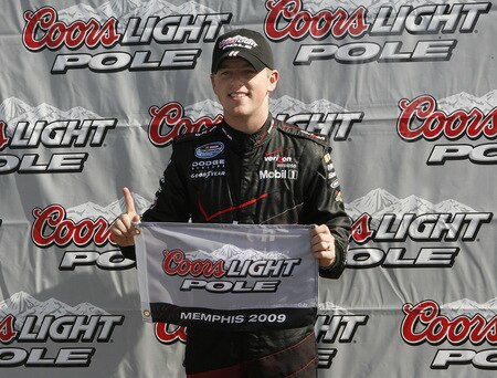 MEMPHIS, TN - OCTOBER 24:  Justin Allgaier, driver of the #12 Verizon Wireless Dodge poses for pictures after winning the pole position and the Coors Light Pole award for the NASCAR Nationwide series Kroger 'On Track For  Cure' 250 race at the Memphis Motorsports Park on October 24, 2009 in Memphis, Tennessee.  <br /><br /><span class="help">(Photo by John Sommers II/Getty Images)</span>