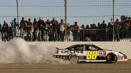 MEMPHIS, TN - OCTOBER 24:  Brad Keselowski, driver of the #88 Delphi Chevrolet celebrates with a burn out for the fans after winning the NASCAR Nationwide series Kroger 'On Track For Cure' 250 race at the Memphis Motorsports Park on October 24, 2009 in Memphis, Tennessee.  <br /><br /><span class="help">(Photo by John Sommers II/Getty Images)</span>