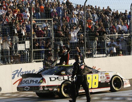 MEMPHIS, TN - OCTOBER 24:  Brad Keselowski, driver of the #88 Delphi Chevrolet celebrates winning the NASCAR Nationwide series Kroger 'On Track For Cure' 250 race at the Memphis Motorsports Park on October 24, 2009 in Memphis, Tennessee.  <br /><br /><span class="help">(Photo by John Sommers II/Getty Images)</span>