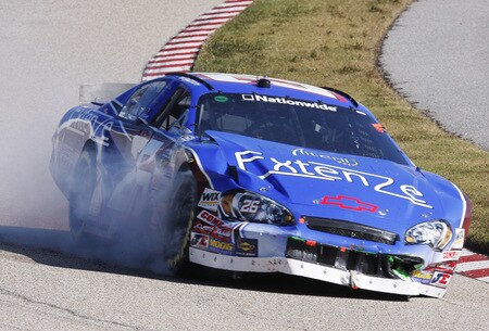 MEMPHIS, TN - OCTOBER 24:   Kevin Conway, driver of the #26 Extenze Chevrolet tries to get back to pit lane after wrecking in the first turn during the NASCAR Nationwide series Kroger 'On Track For  Cure' 250 race at the Memphis Motorsports Park on October 24, 2009 in Memphis, Tennessee.  <br /><br /><span class="help">(Photo by John Sommers II/Getty Images)</span>