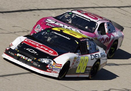 MEMPHIS, TN - OCTOBER 24:   Brad Keselowski , driver of the #88 Delphi Chevrolet leads the pack during the NASCAR Nationwide series Kroger 'On Track For  Cure' 250 race at the Memphis Motorsports Park on October 24, 2009 in Memphis, Tennessee.  <br /><br /><span class="help">(Photo by John Sommers II/Getty Images)</span>