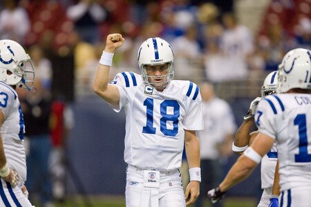 ST. LOUIS, MO - OCTOBER 25: Peyton Manning #18 of the Indianapolis Colts warms up prior to playing against the St. Louis Rams at the Edward Jones Dome on October 25, 2009 in St. Louis, Missouri.  <br /><br /><span class="help">(Photo by Dilip Vishwanat/Getty Images)</span>