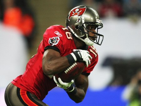 LONDON, ENGLAND - OCTOBER 25: Sammie Stroughter (#18) of Tampa Bay Buccaneers  returns a kick off during the NFL International Series match between New England Patriots and Tampa Bay Buccaneers at Wembley Stadium on October 25, 2009 in London, England. This is the third occasion where a regular season NFL match has been played in London.  <br /><br /><span class="help">(Photo by Elsa/Getty Images)</span>