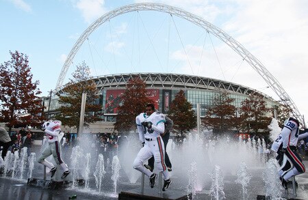 LONDON, ENGLAND - OCTOBER 25:  Fans enjoy the atmosphere prior to the NFL International Series match between New England Patriots and Tampa Bay Buccaneers at Wembley Stadium on October 25, 2009 in London, England. This is the third occasion where a regular season NFL match has been played in London.  <br /><br /><span class="help">(Photo by Elsa/Getty Images)</span>