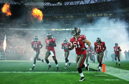 LONDON, ENGLAND - OCTOBER 25:  The Tampa Bay Buccaneers enter the field before the NFL International Series match between New England Patriots and Tampa Bay Buccaneers at Wembley Stadium on October 25, 2009 in London, England. This is the third occasion where a regular season NFL match has been played in London.  <br /><br /><span class="help">(Photo by Elsa/Getty Images)</span>