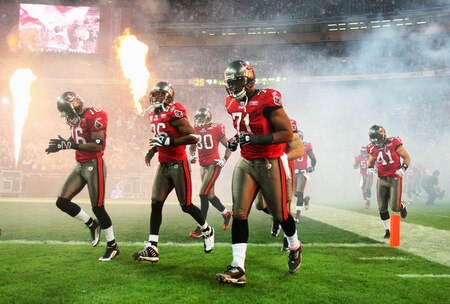 LONDON, ENGLAND - OCTOBER 25:  The Tampa Bay Buccaneers enter the field before the NFL International Series match between New England Patriots and Tampa Bay Buccaneers at Wembley Stadium on October 25, 2009 in London, England. This is the third occasion where a regular season NFL match has been played in London.  <br /><br /><span class="help">(Photo by Elsa/Getty Images)</span>