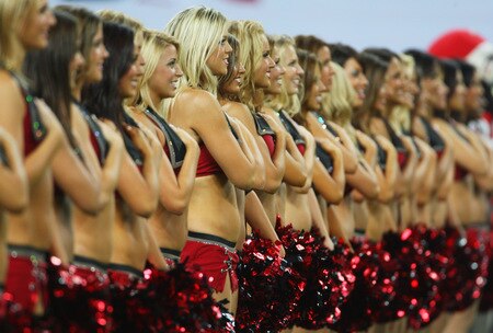 LONDON, ENGLAND - OCTOBER 25:  Tampa Bay Buccaneers cheerleaders stand for the national anthem of the USA prior to the NFL International Series match between New England Patriots and Tampa Bay Buccaneers at Wembley Stadium on October 25, 2009 in London, England. This is the third occasion where a regular season NFL match has been played in London.  <br /><br /><span class="help">(Photo by Tom Shaw/Getty Images)</span>