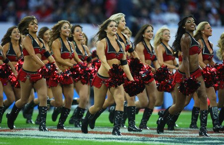 LONDON, ENGLAND - OCTOBER 25:  Cheerleaders perform before the NFL International Series match between New England Patriots and Tampa Bay Buccaneers at Wembley Stadium on October 25, 2009 in London, England. This is the third occasion where a regular season NFL match has been played in London.  <br /><br /><span class="help">(Photo by Julian Finney/Getty Images)</span>