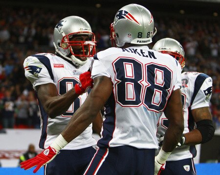 LONDON, ENGLAND - OCTOBER 25:  Sam Aiken (#88) of the New England Patriots celebrates scoring the third touchdown with his teammates during the NFL International Series match between New England Patriots and Tampa Bay Buccaneers at Wembley Stadium on October 25, 2009 in London, England. This is the third occasion where a regular season NFL match has been played in London.  <br /><br /><span class="help">(Photo by Julian Finney/Getty Images)</span>