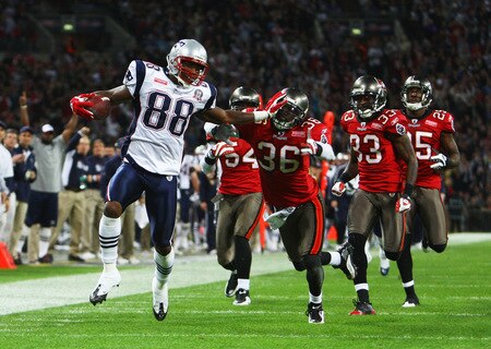 LONDON, ENGLAND - OCTOBER 25:  Sam Aiken (#88) of the New England Patriots scores the third touchdown during the NFL International Series match between New England Patriots and Tampa Bay Buccaneers at Wembley Stadium on October 25, 2009 in London, England. This is the third occasion where a regular season NFL match has been played in London.  <br /><br /><span class="help">(Photo by Julian Finney/Getty Images)</span>