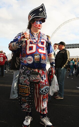 LONDON, ENGLAND - OCTOBER 25:  A New England Patriots fan enjoys the atmosphere prior to the NFL International Series match between New England Patriots and Tampa Bay Buccaneers at Wembley Stadium on October 25, 2009 in London, England. This is the third occasion where a regular season NFL match has been played in London.  <br /><br /><span class="help">(Photo by Elsa/Getty Images)</span>