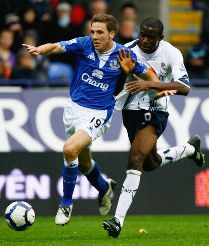 BOLTON, ENGLAND - OCTOBER 25:  Fabrice Muamba of Bolton Wanderers tackles Dan Gossling of Everton during the Barclays Premier League match between Bolton Wanderers and Everton at Reebok Stadium on October 25, 2009 in Bolton, England.  <br /><br /><span class="help">(Photo by Jeff J Mitchell/Getty Images)</span>