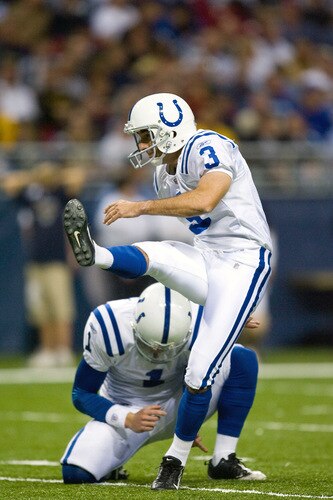 ST. LOUIS, MO - OCTOBER 25: Matt Stover #3 of the Indianapolis Colts kicks an extra point against the St. Louis Rams at the Edward Jones Dome on October 25, 2009 in St. Louis, Missouri.  <br /><br /><span class="help">(Photo by Dilip Vishwanat/Getty Images)</span>