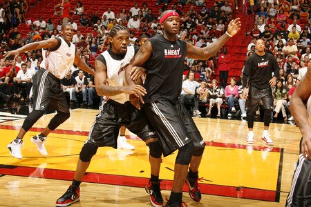 MIAMI - OCTOBER 25: Udonis Haslem #40 and Jermaine O'Neal #7 of the Miami Heat participate in the 2009 Miami Heat Open Practice on October 25, 2009 at the America Airlines Arena in Miami, Florida. <br /><br /><span class="help">(Photo by Issac Baldizon/NBAE via Getty Images)</span>