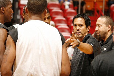 MIAMI - OCTOBER 25: Head Coach of the Miami Heat Erik Spoelstra participates in the 2009 Miami Heat Open Practice on October 25, 2009 at the America Airlines Arena in Miami, Florida. <br /><br /><span class="help">(Photo by Issac Baldizon/NBAE via Getty Images)</span>