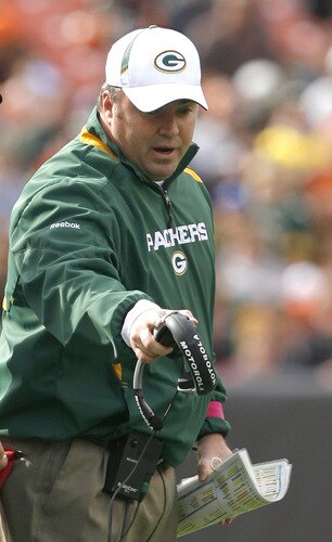 CLEVELAND, OH - OCTOBER 25:  Mike McCarthy head coach of the Green Bay Packers argues a call against the Cleveland Browns at Cleveland Browns Stadium on October 25, 2009 in Cleveland, Ohio.  <br /><br /><span class="help">(Photo by Matt Sullivan/Getty Images)</span>