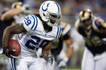 ST. LOUIS, MO - OCTOBER 25: Joseph Addai #29 of the Indianapolis Colts rushes against the St. Louis Rams at the Edward Jones Dome on October 25, 2009 in St. Louis, Missouri.  The Colts beat the Rams 42-6.  <br /><br /><span class="help">(Photo by Dilip Vishwanat/Getty Images)</span>