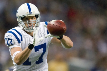 ST. LOUIS, MO - OCTOBER 25: Austin Collie #17 of the Indianapolis Colts catches a pass against the St. Louis Rams at the Edward Jones Dome on October 25, 2009 in St. Louis, Missouri.  The Colts beat the Rams 42-6.  <br /><br /><span class="help">(Photo by Dilip Vishwanat/Getty Images)</span>