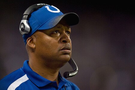 ST. LOUIS, MO - OCTOBER 25: Head coach Jim Caldwell of the Indianapolis Colts looks on from the sideline against the St. Louis Rams at the Edward Jones Dome on October 25, 2009 in St. Louis, Missouri.  The Colts beat the Rams 42-6.  <br /><br /><span class="help">(Photo by Dilip Vishwanat/Getty Images)</span>