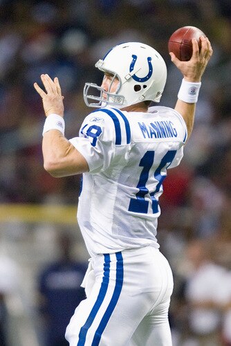 ST. LOUIS, MO - OCTOBER 25: Peyton Manning #18 of the Indianapolis Colts passes against the St. Louis Rams at the Edward Jones Dome on October 25, 2009 in St. Louis, Missouri.  The Colts beat the Rams 42-6.  <br /><br /><span class="help">(Photo by Dilip Vishwanat/Getty Images)</span>