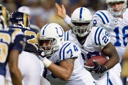 ST. LOUIS, MO - OCTOBER 25: Joseph Addai #29 of the Indianapolis Colts rushes against the St. Louis Rams at the Edward Jones Dome on October 25, 2009 in St. Louis, Missouri.  The Colts beat the Rams 42-6.  <br /><br /><span class="help">(Photo by Dilip Vishwanat/Getty Images)</span>